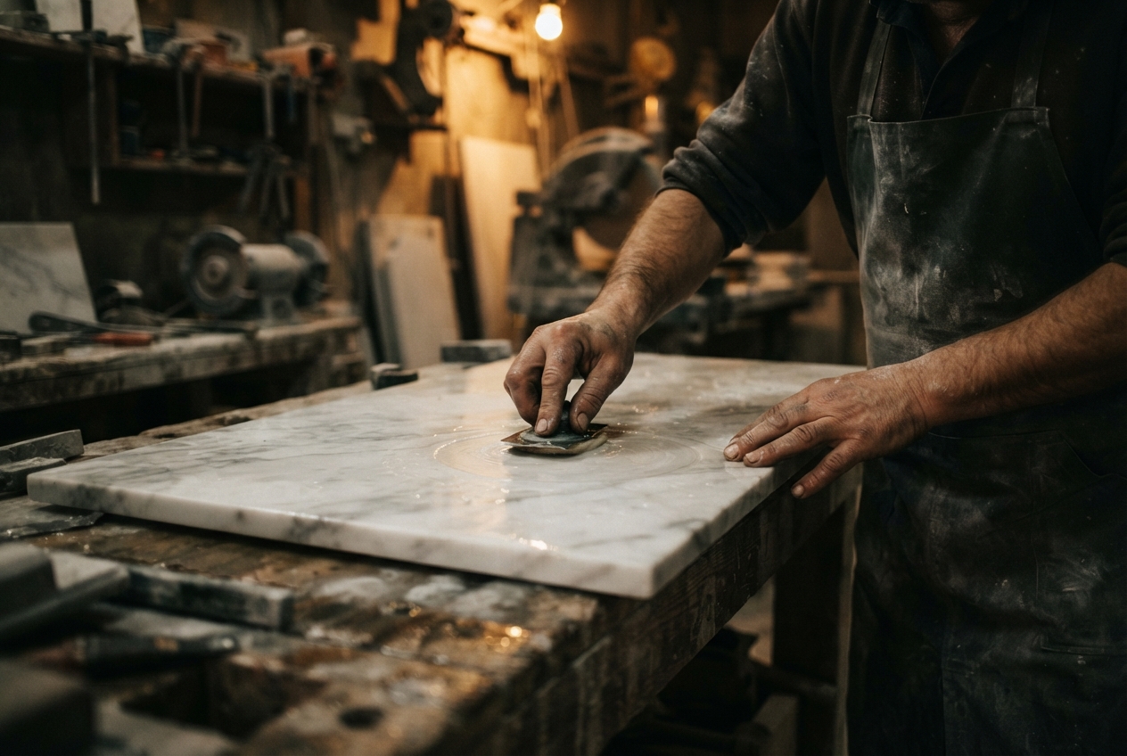 Artisan carefully finishing a marble slab